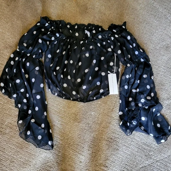 Black and White Off Shoulder Sheer Polka Dot Top Juniors Sz Large New! - Picture 1 of 3